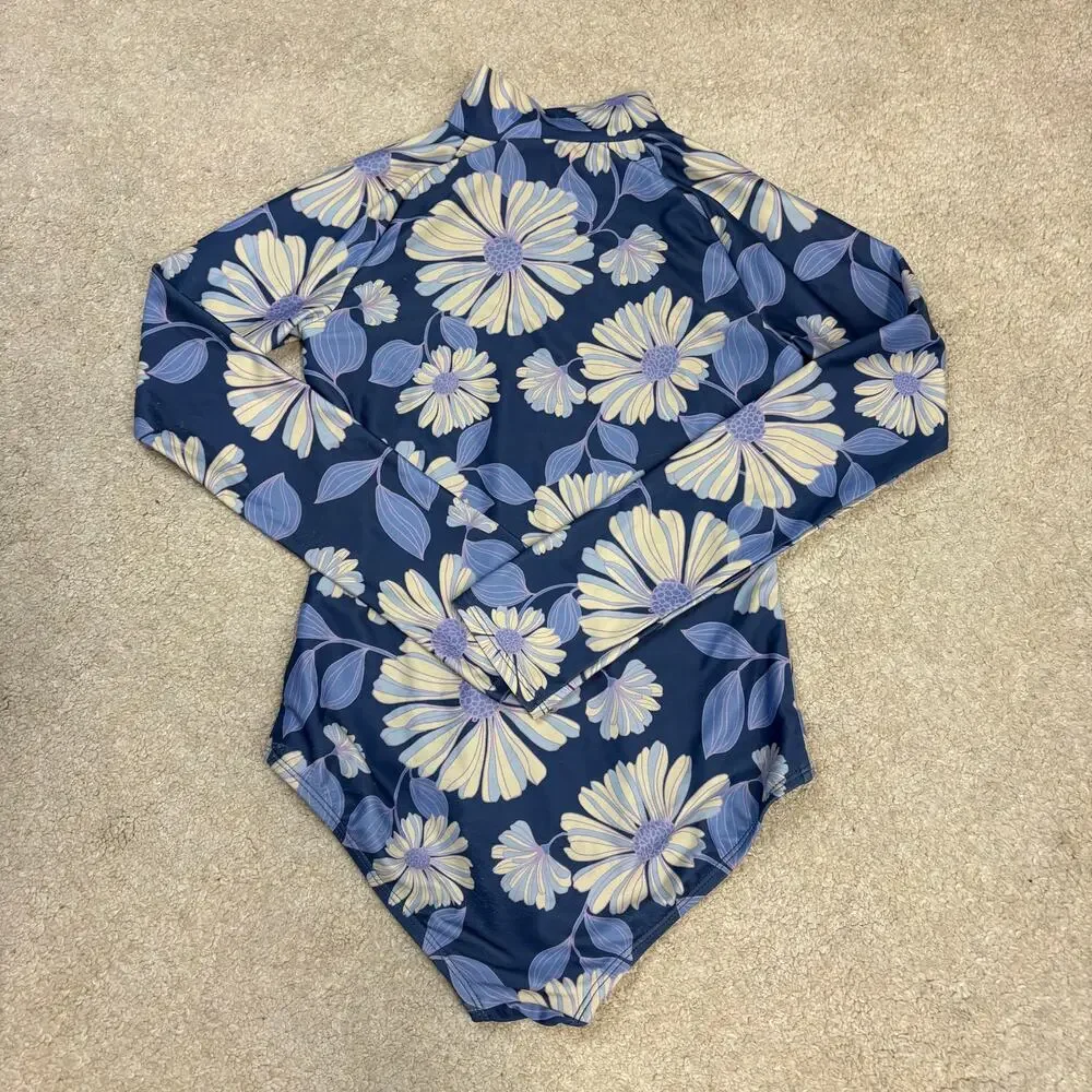 Gap Kids Blue Floral Print Zip-Front One-Piece Long Sleeve Swimsuit Size XL